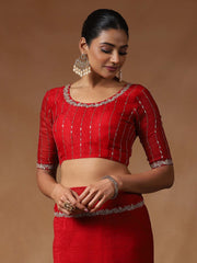 Red Party Wear Tissue Embellished Saree