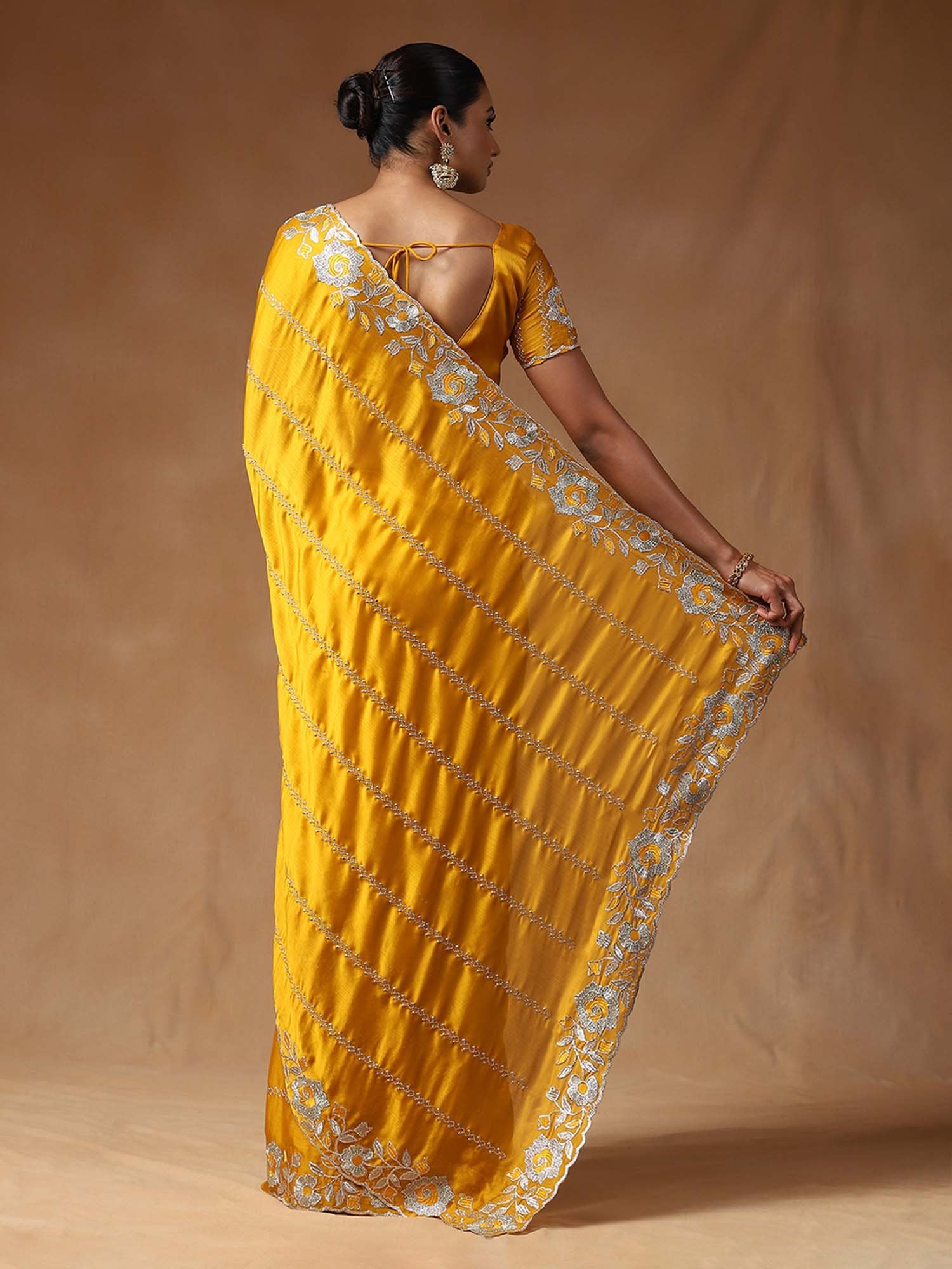 Yellow Party Wear Satin Silk Embroidered Saree