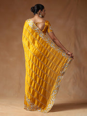 Yellow Party Wear Satin Silk Embroidered Saree