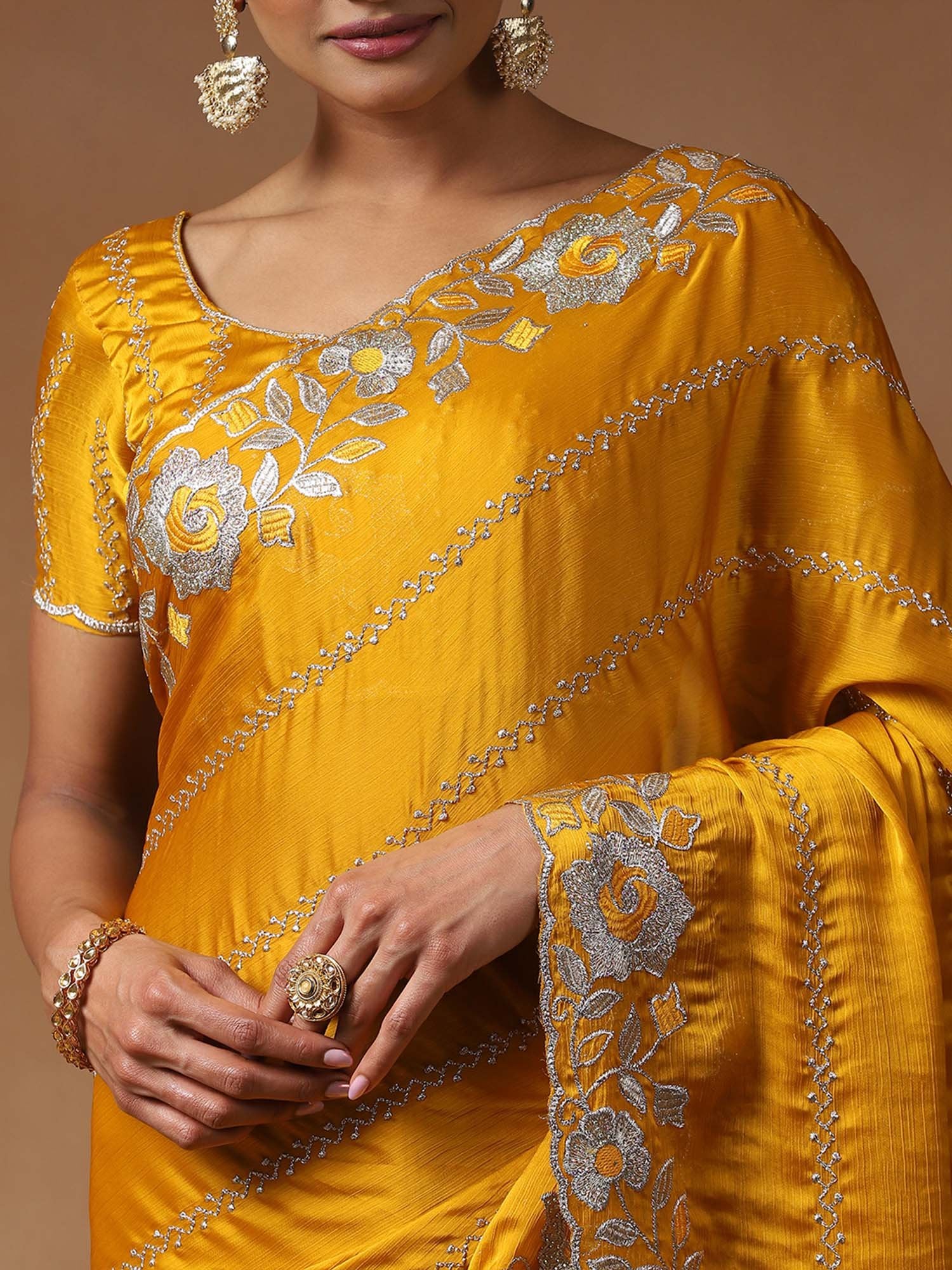 Yellow Party Wear Satin Silk Embroidered Saree