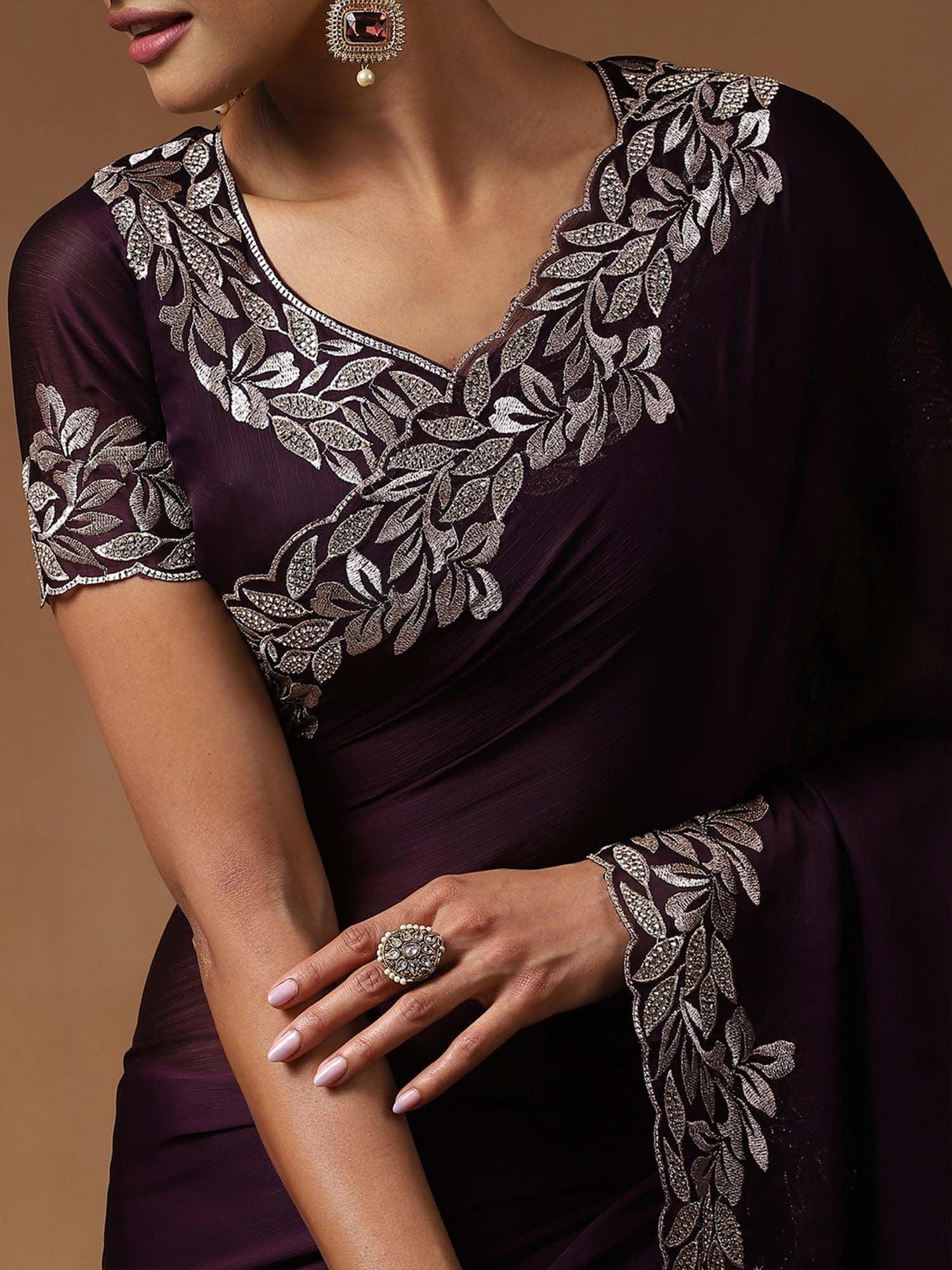 Purple Party Wear Satin Silk Embroidered Saree