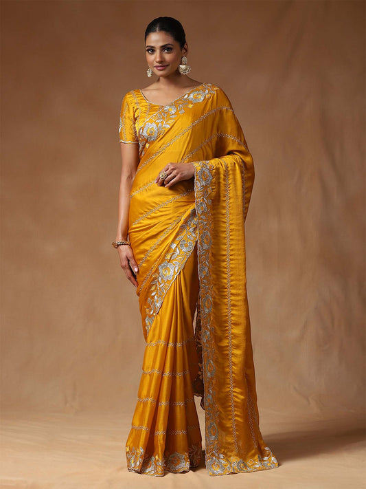 Yellow Yellow Party Wear Satin Silk Embroidered Saree