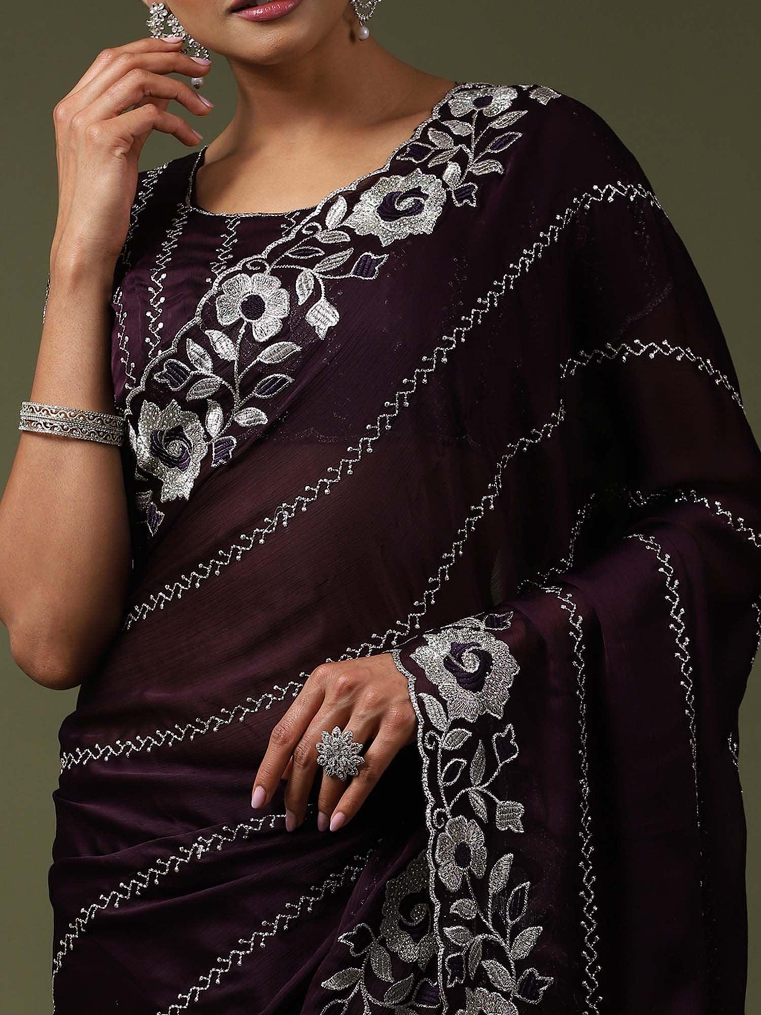 Purple Party Wear Satin Silk Embroidered Saree