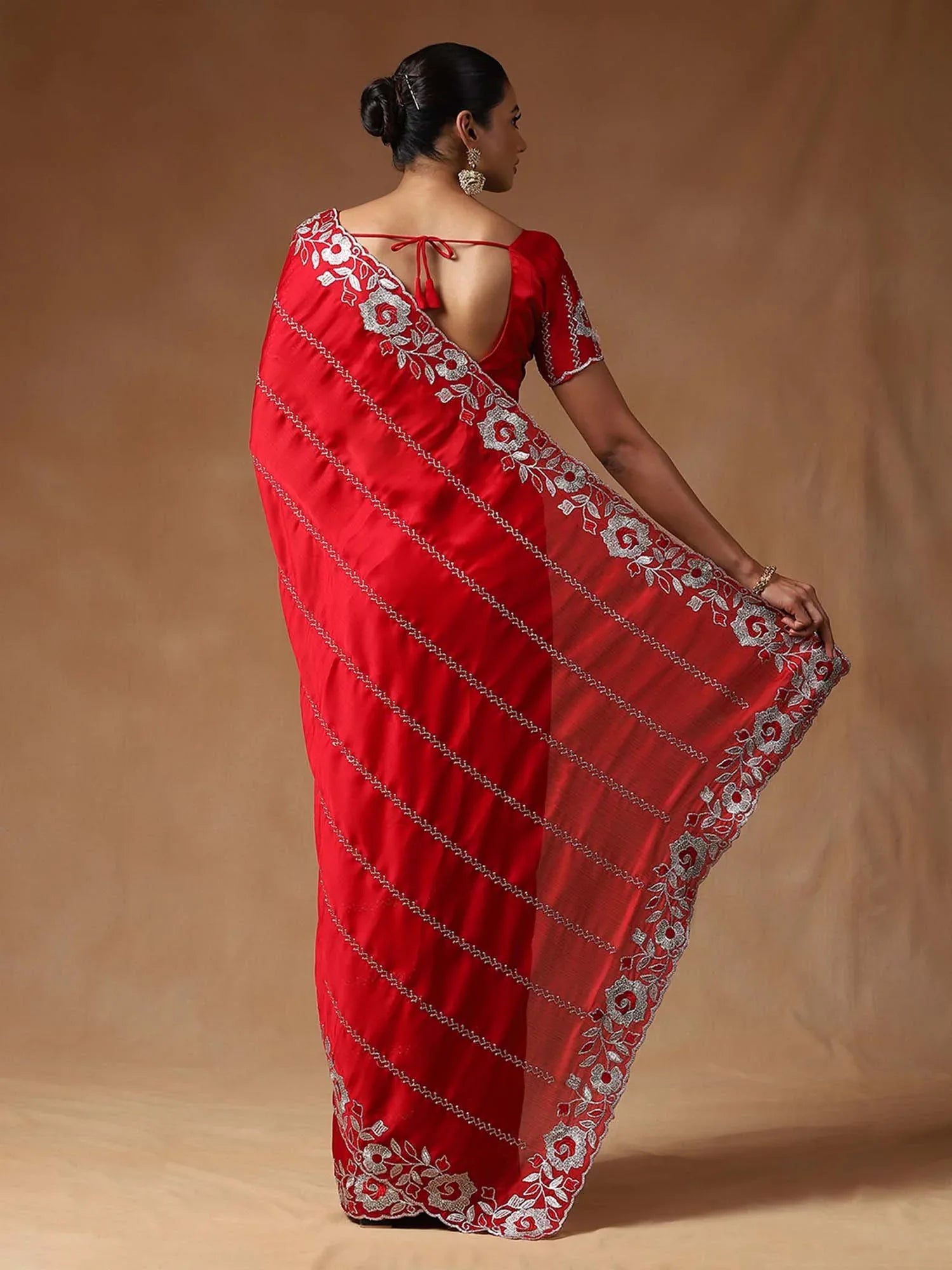 Red Party Wear Satin Silk Embroidered Saree