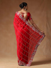 Red Party Wear Satin Silk Embroidered Saree
