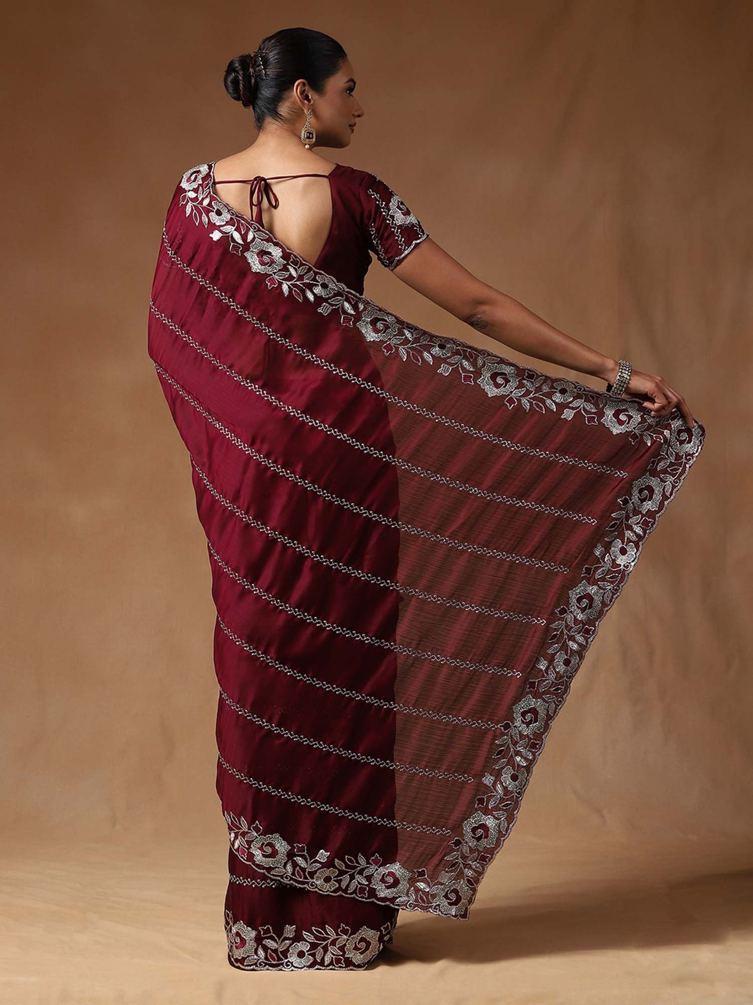 Burgundy Party Wear Satin Silk Embroidered Saree