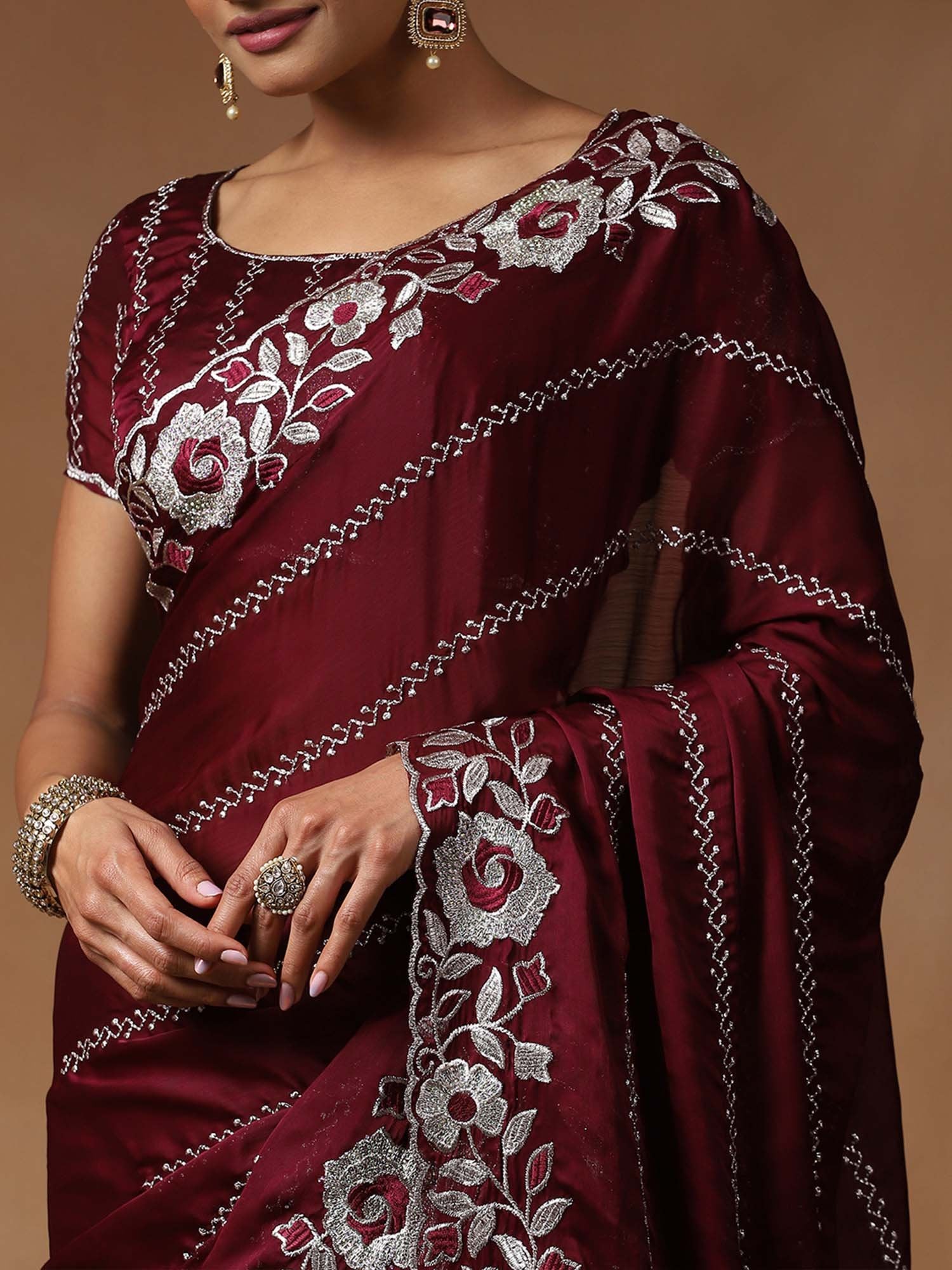 Burgundy Party Wear Satin Silk Embroidered Saree