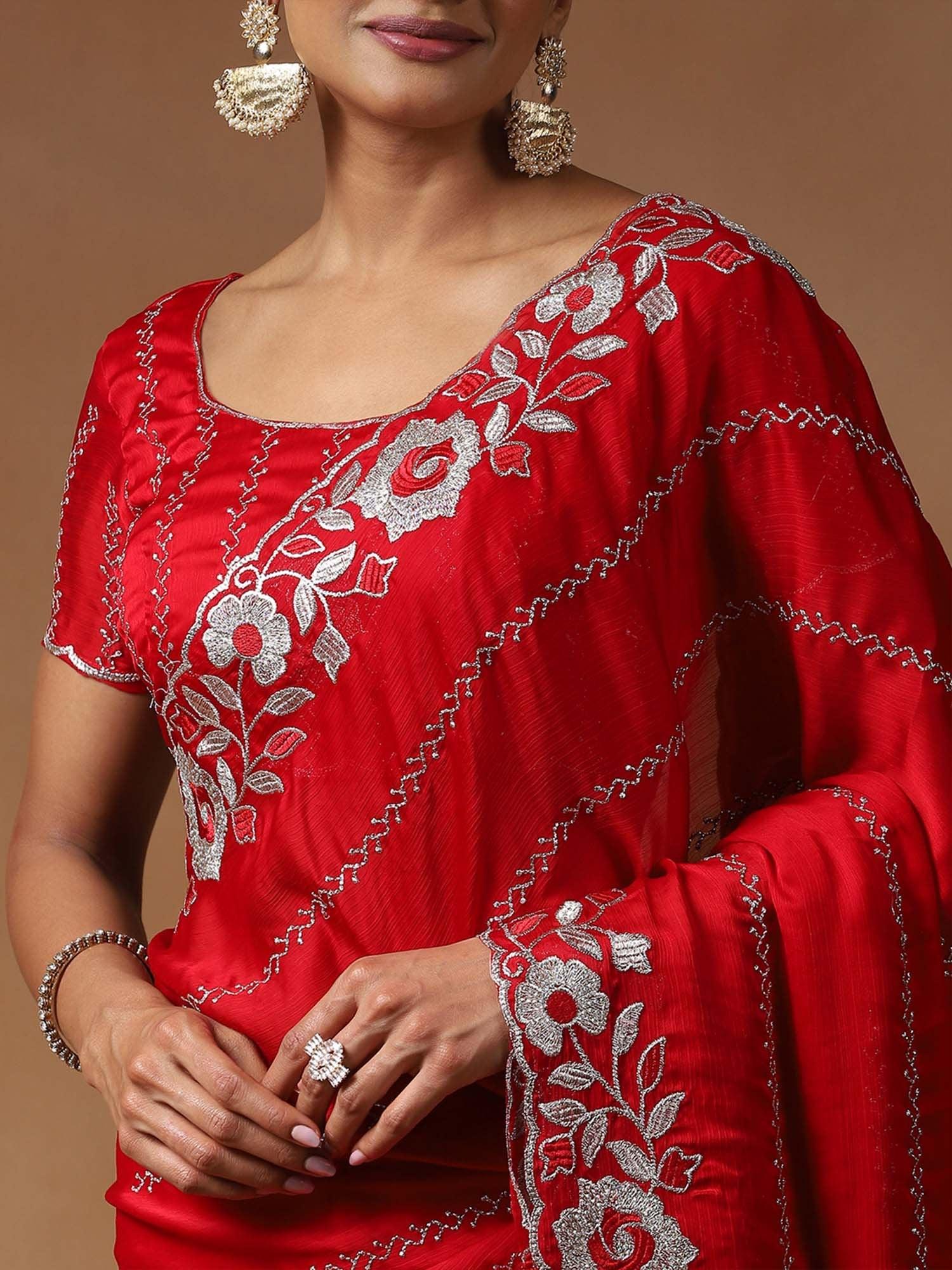 Red Party Wear Satin Silk Embroidered Saree