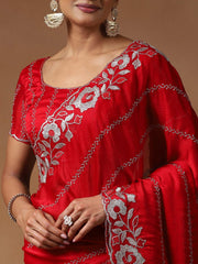 Red Party Wear Satin Silk Embroidered Saree