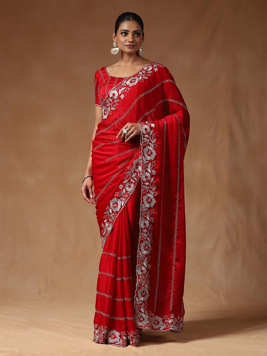 Red Red Party Wear Satin Silk Embroidered Saree