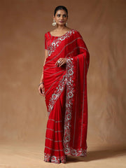 Red Red Party Wear Satin Silk Embroidered Saree