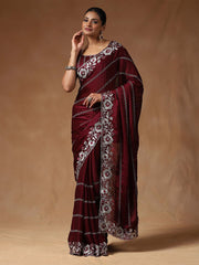 Maroon Burgundy Party Wear Satin Silk Embroidered Saree