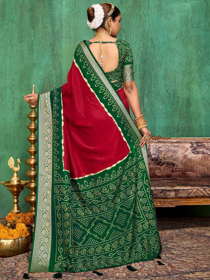 Red Bandhani Tussar Silk Printed Saree