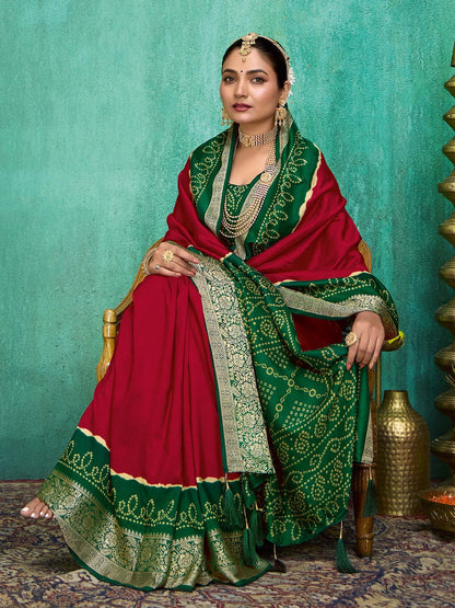 Red Bandhani Tussar Silk Printed Saree