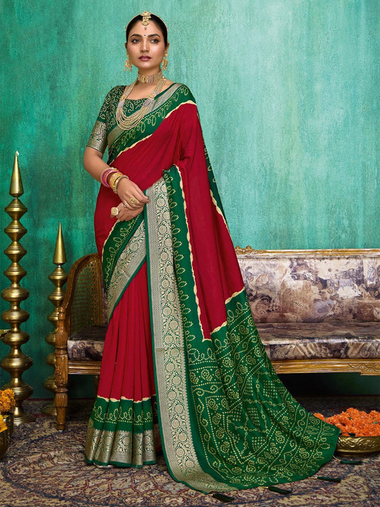 Red Red Bandhani Tussar Silk Printed Saree