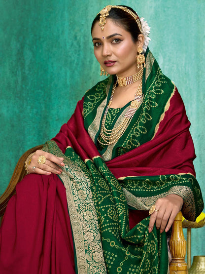 Maroon Bandhani Tussar Silk Printed Saree