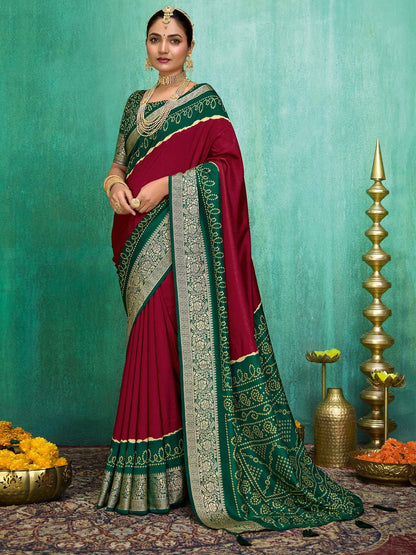 Maroon Maroon Bandhani Tussar Silk Printed Saree