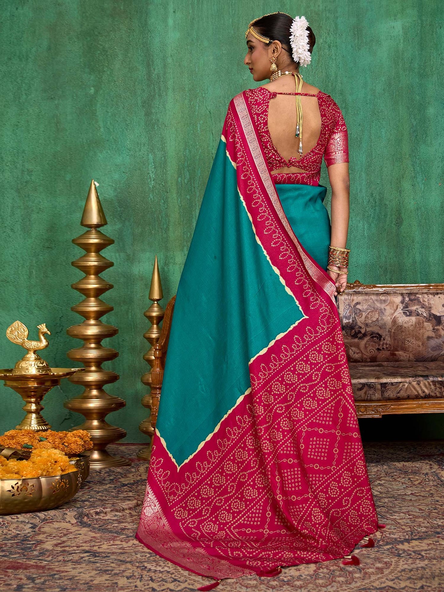 Teal Bandhani Tussar Silk Printed Saree