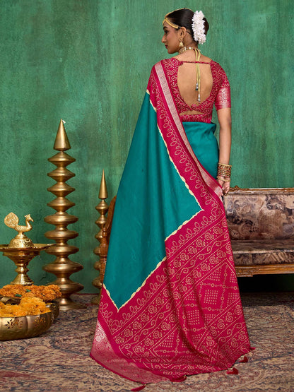 Teal Bandhani Tussar Silk Printed Saree