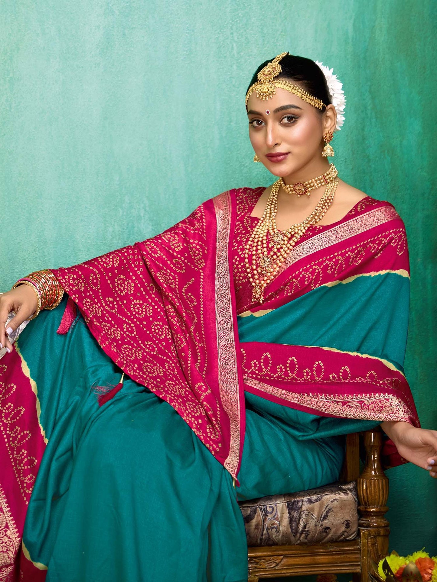 Teal Bandhani Tussar Silk Printed Saree