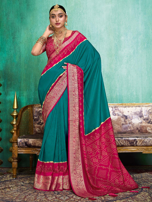 Blue Teal Bandhani Tussar Silk Printed Saree