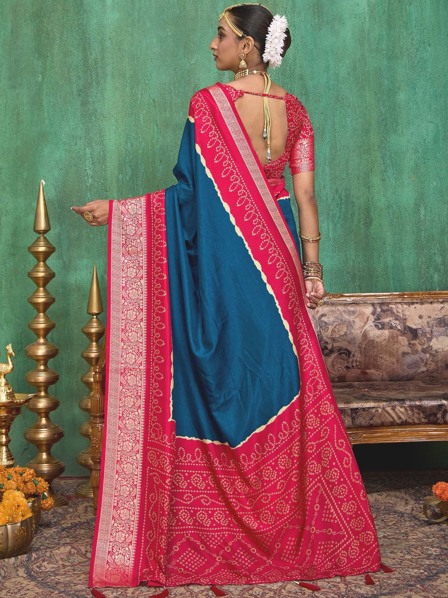 Teal Bandhani Tussar Silk Printed Saree