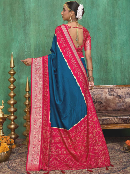 Teal Bandhani Tussar Silk Printed Saree