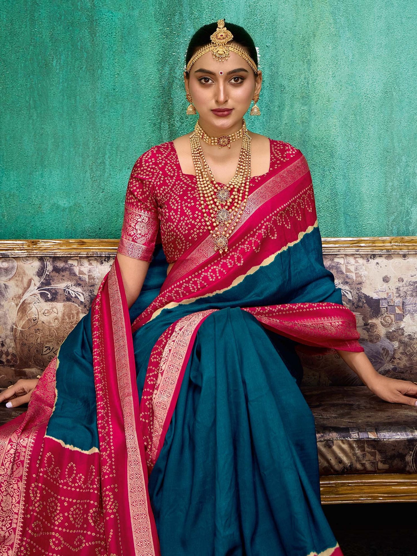 Teal Bandhani Tussar Silk Printed Saree