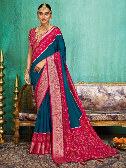 Blue Teal Bandhani Tussar Silk Printed Saree