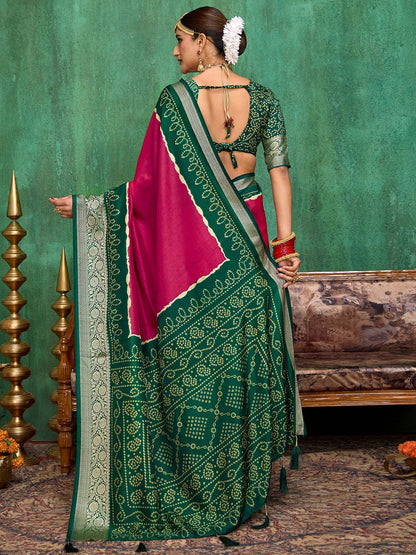 Pink Bandhani Tussar Silk Printed Saree