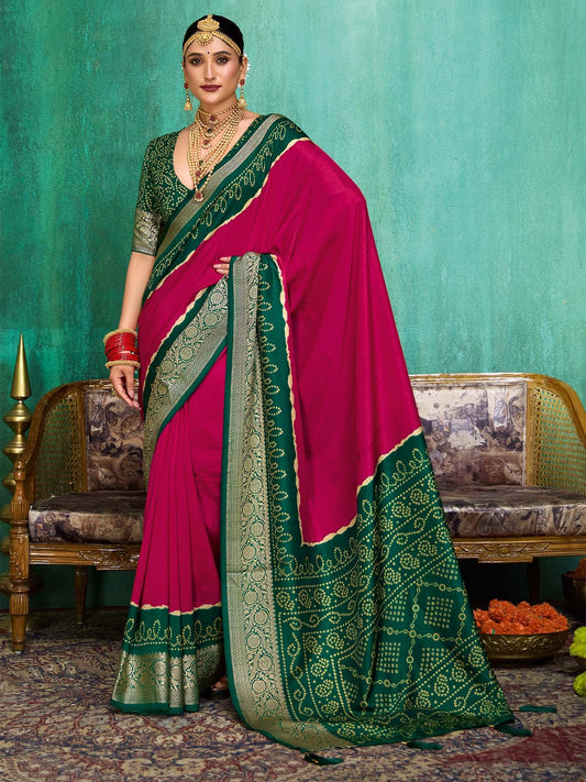 Pink Pink Bandhani Tussar Silk Printed Saree