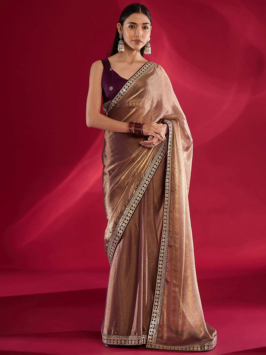 Brown Mauve Party Wear Chiffon Embellished Saree