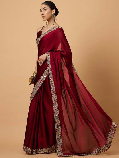 Maroon Party Wear Satin Embellished Saree