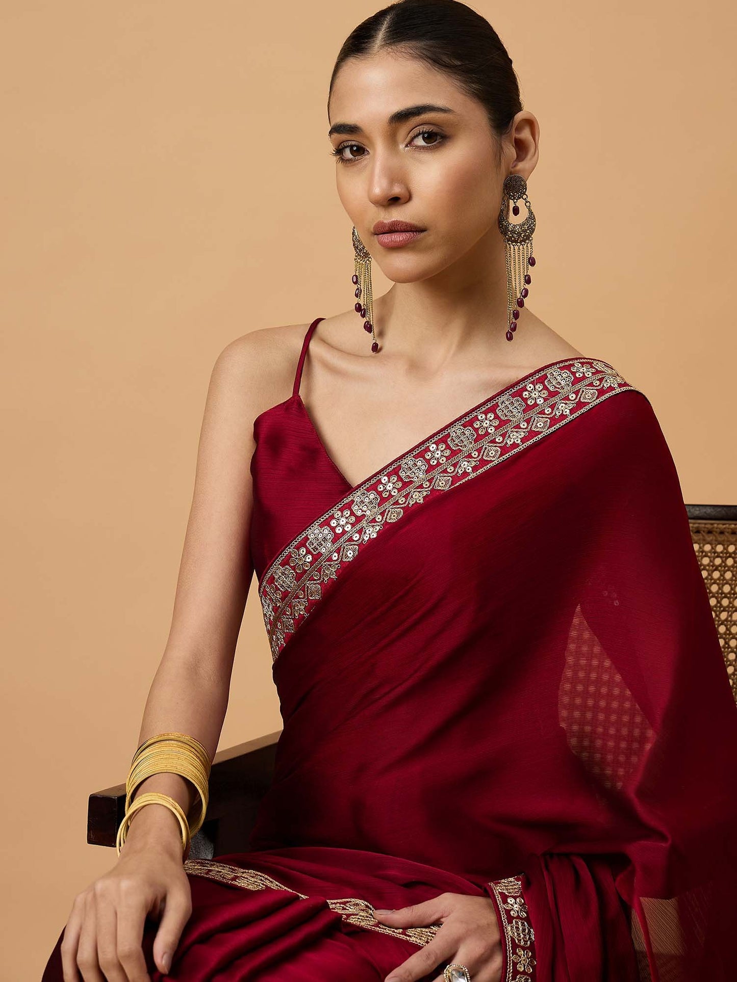 Maroon Party Wear Satin Embellished Saree