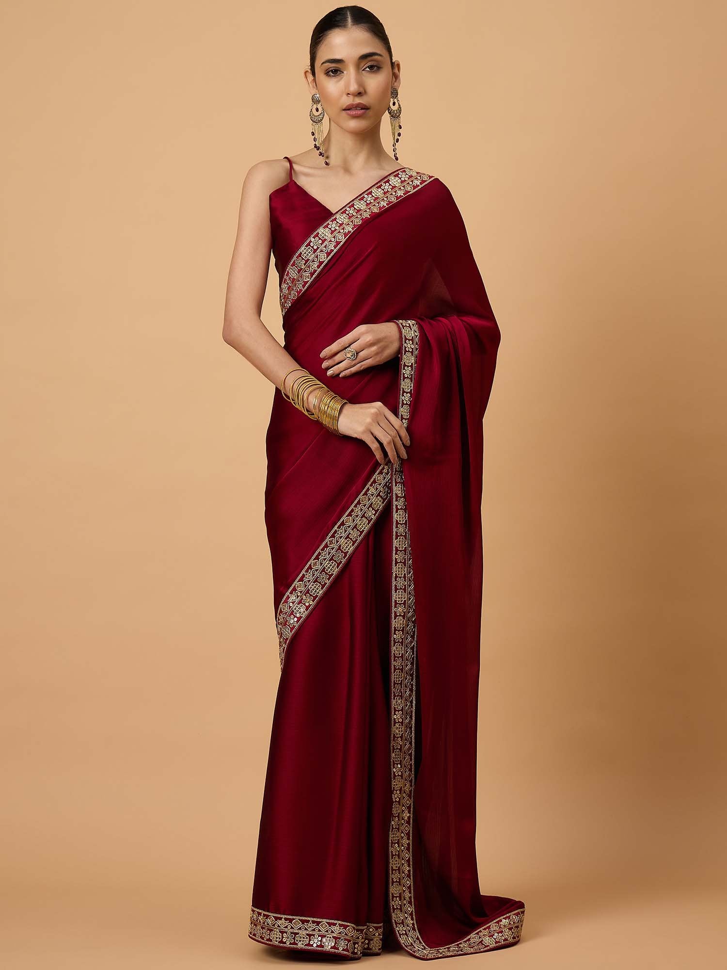 Maroon Maroon Party Wear Satin Embellished Saree