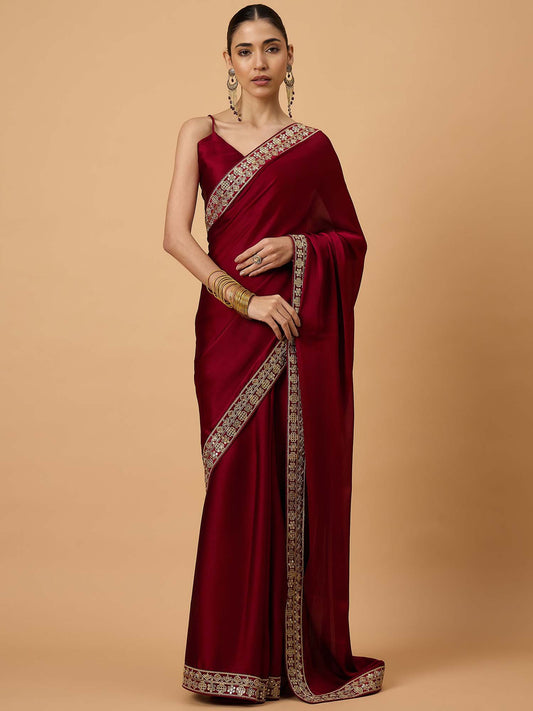 Maroon Maroon Party Wear Satin Embellished Saree