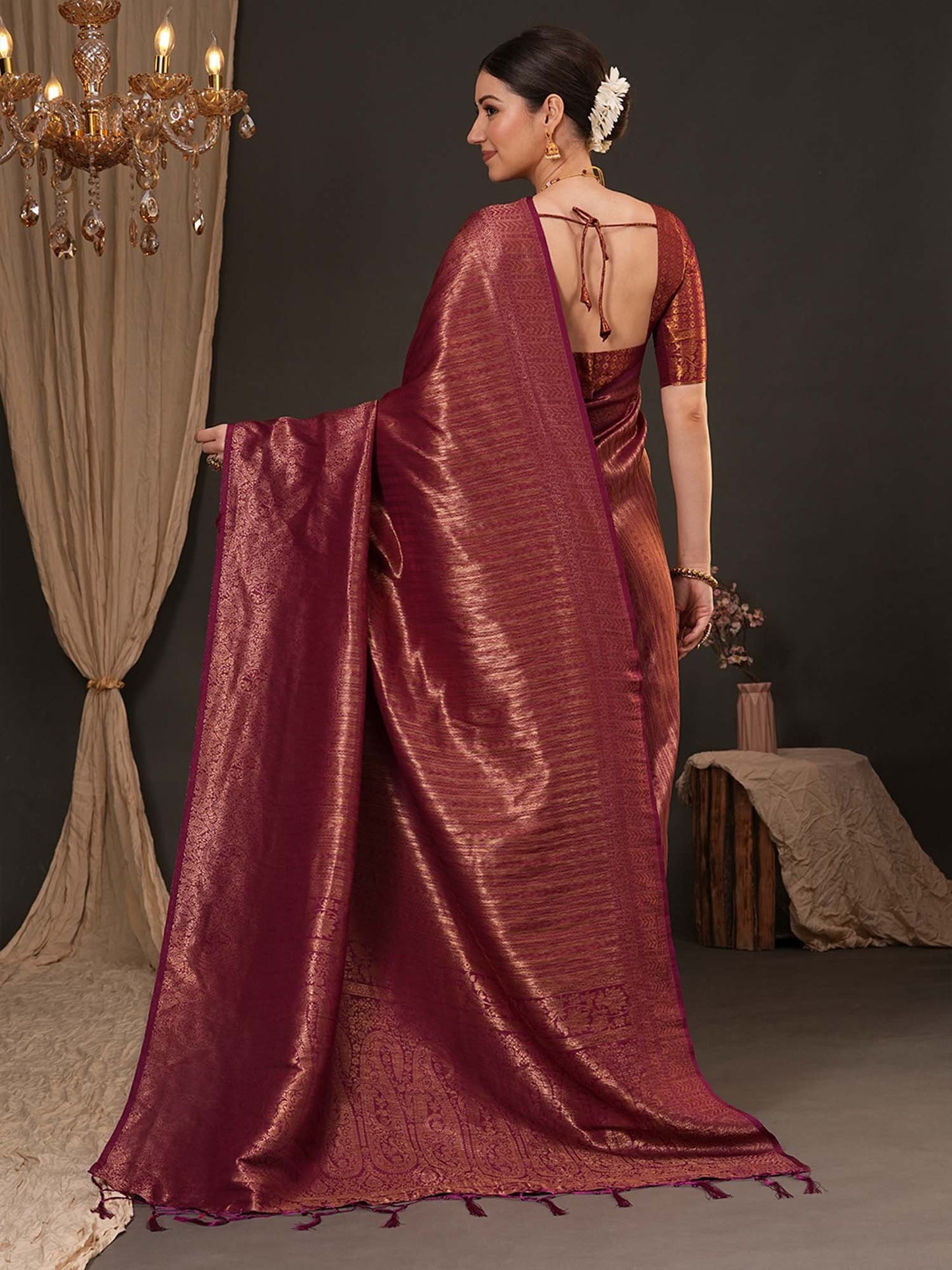 Maroon Kanjeevaram Silk Blend Woven Saree