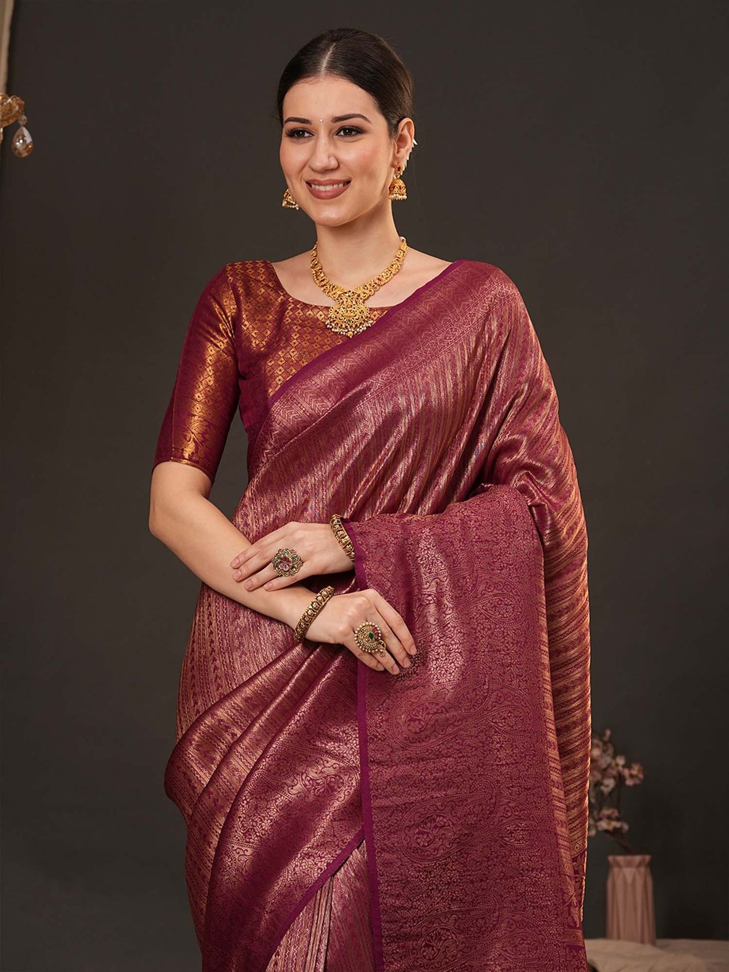 Maroon Kanjeevaram Silk Blend Woven Saree