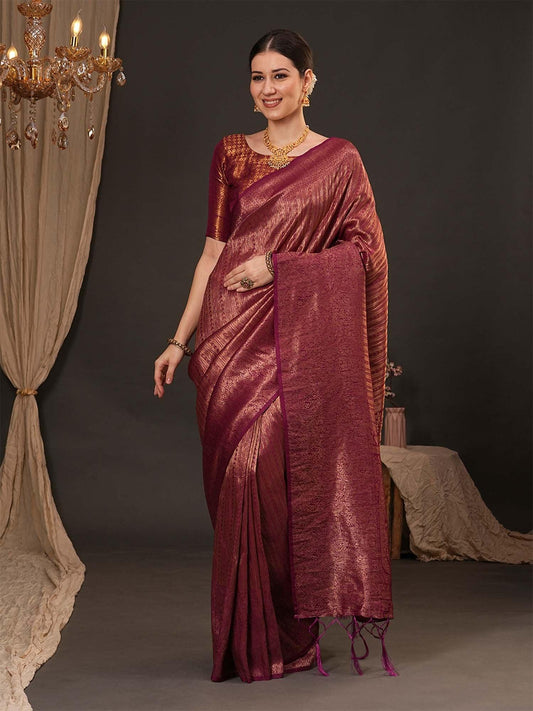 Maroon Maroon Kanjeevaram Silk Blend Woven Saree