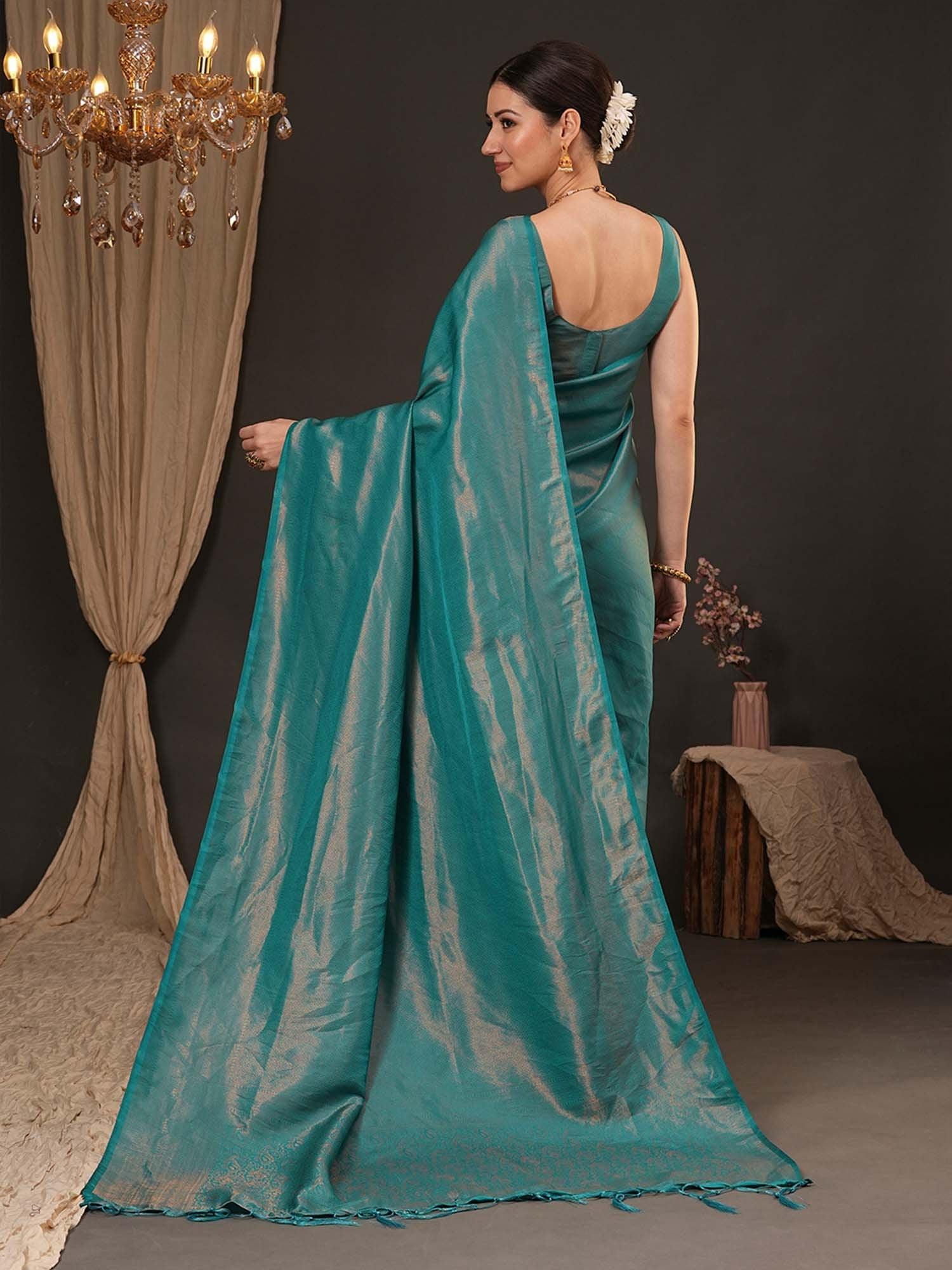 Teal Blue Kanjeevaram Silk Blend Woven Saree