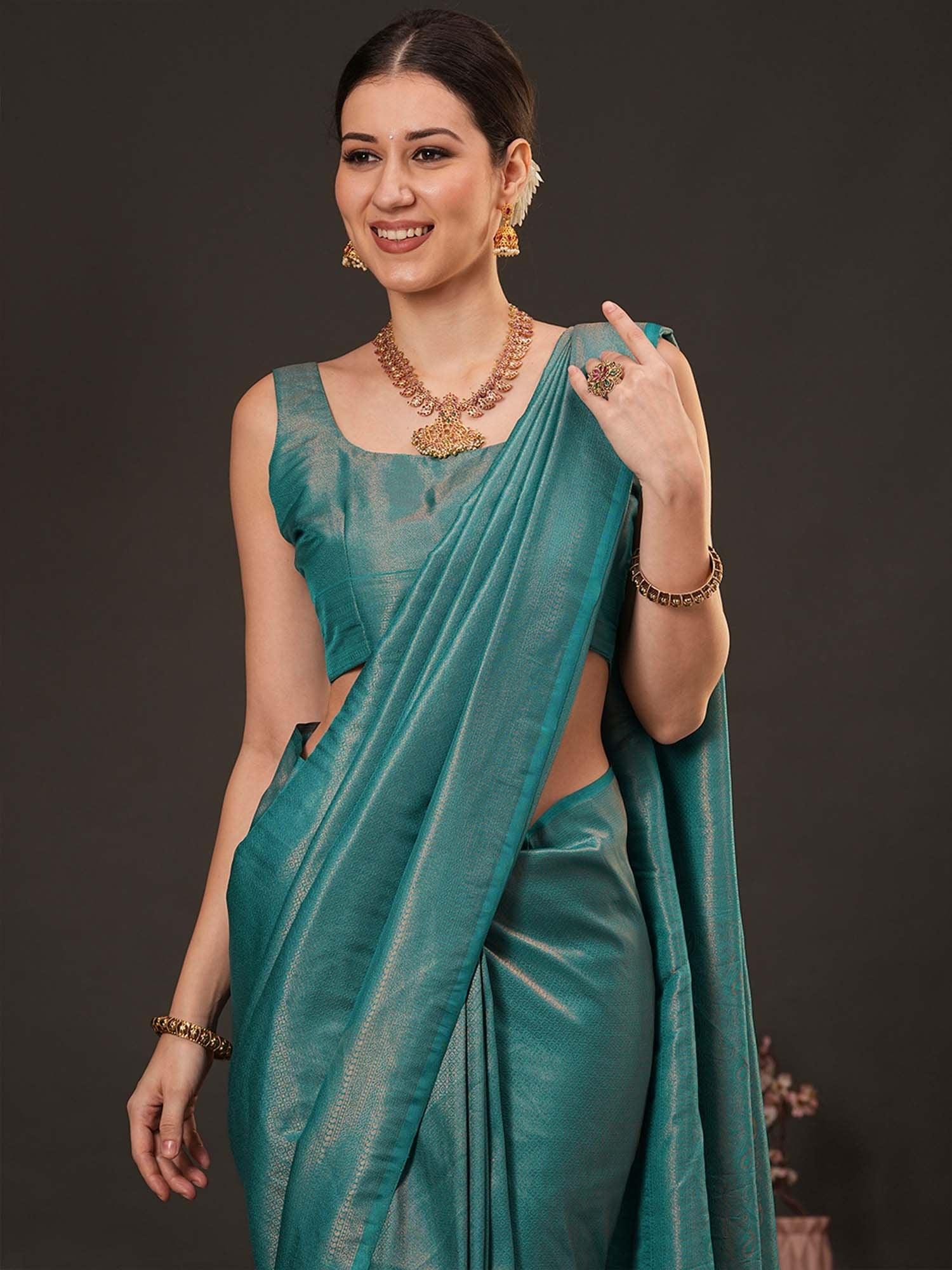 Teal Blue Kanjeevaram Silk Blend Woven Saree