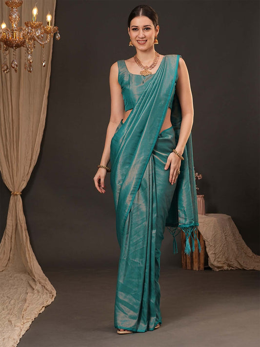 Teal blue Teal Kanjeevaram Silk Blend Woven Saree