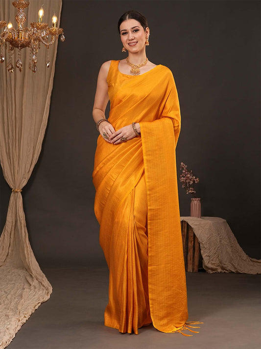 Yellow Yellow Kanjeevaram Silk Blend Woven Saree