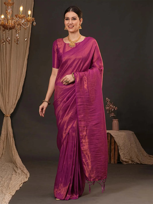 Pink Magenta Kanjeevaram Silk Blend Woven Saree