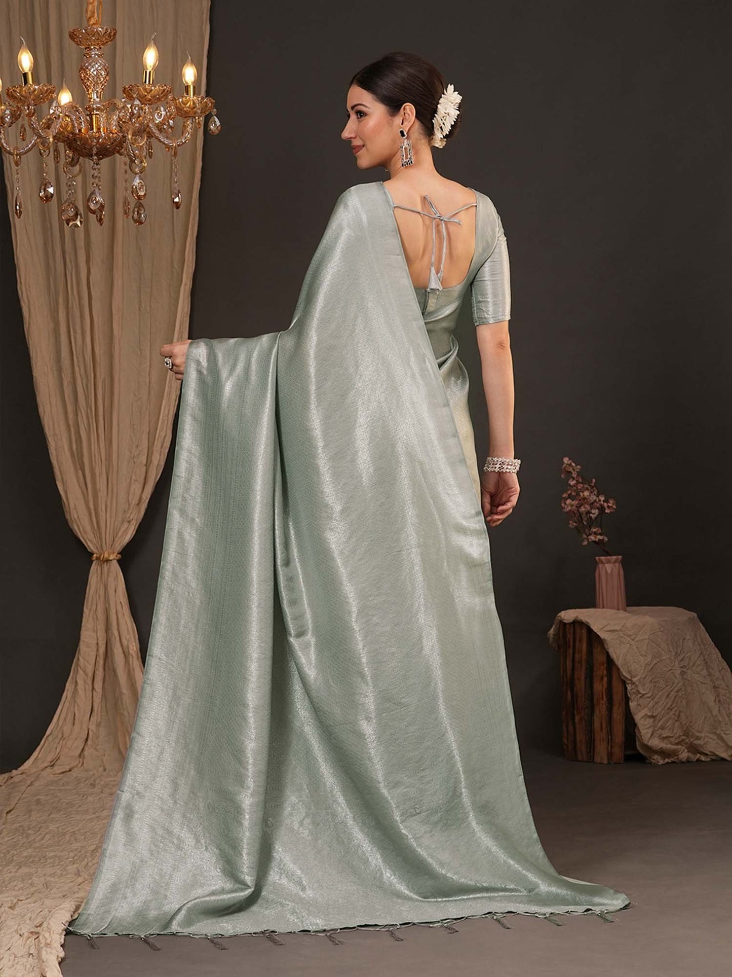Grey Kanjeevaram Silk Blend Woven Saree
