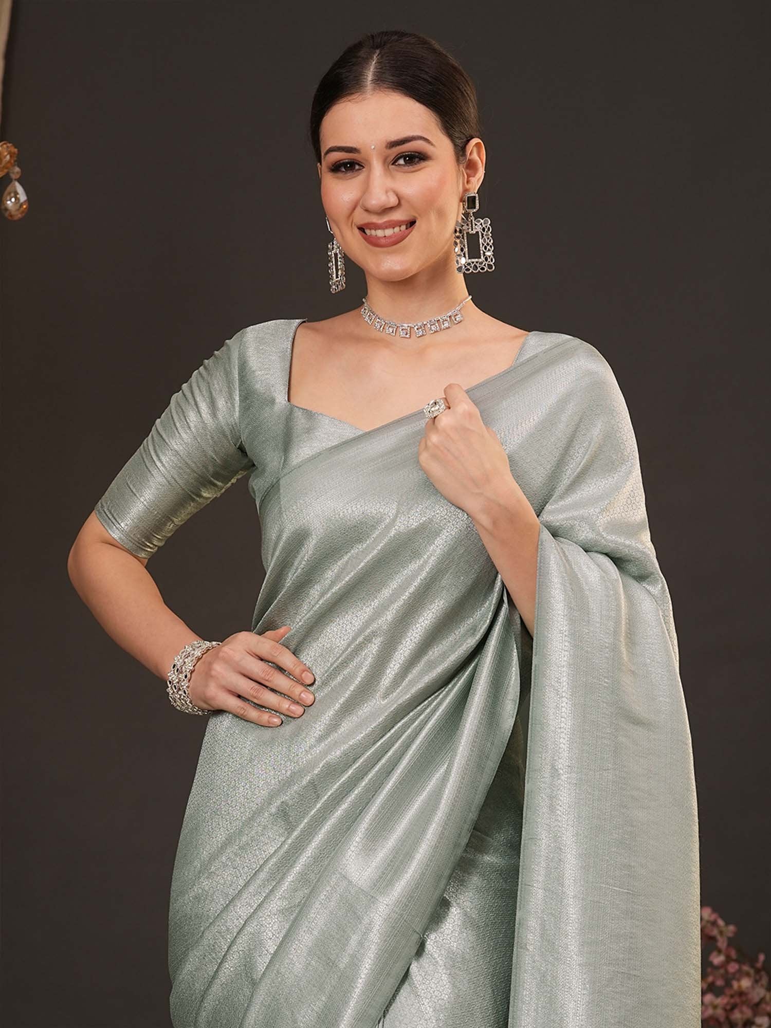 Grey Kanjeevaram Silk Blend Woven Saree