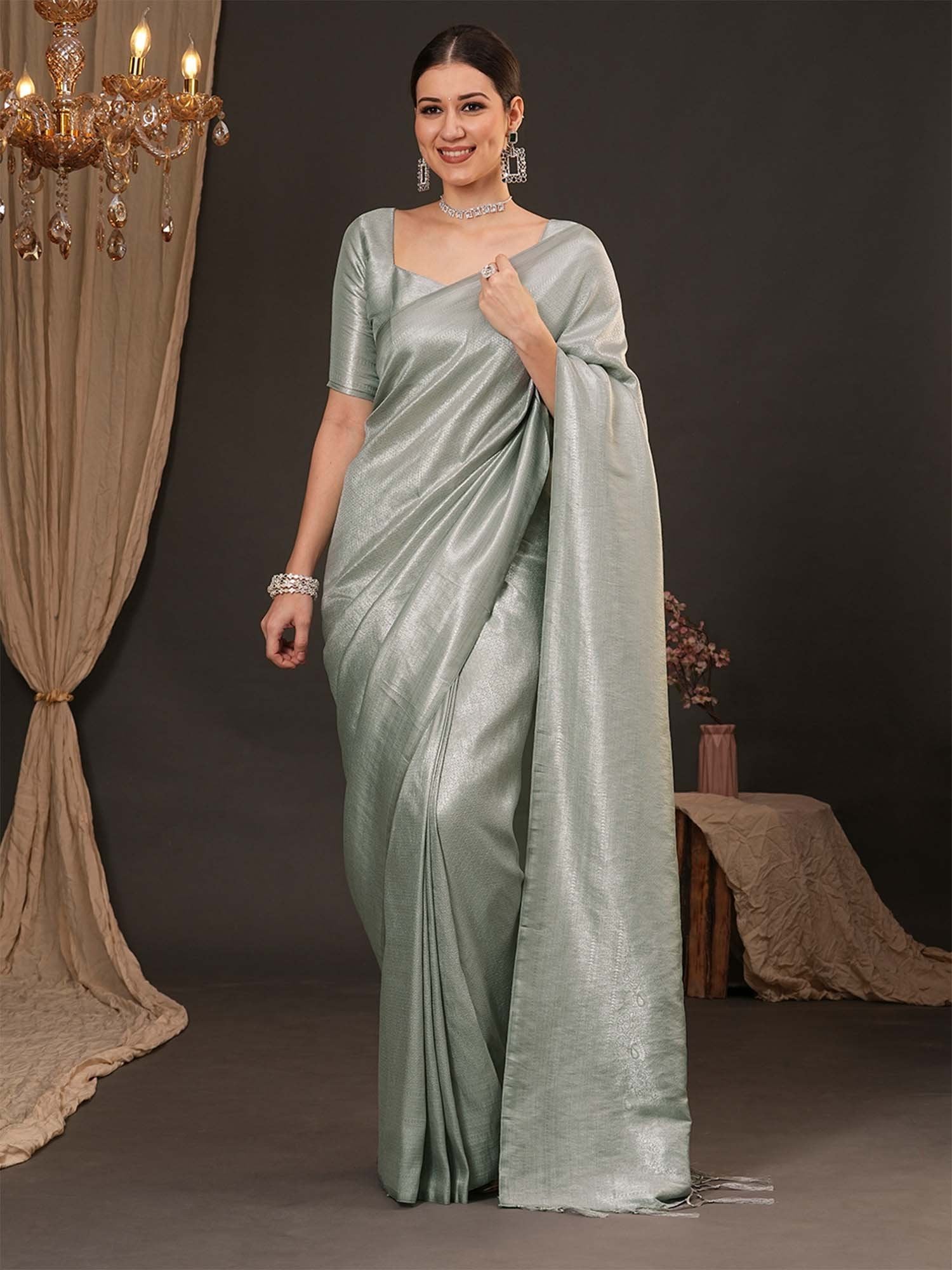 Grey Grey Kanjeevaram Silk Blend Woven Saree