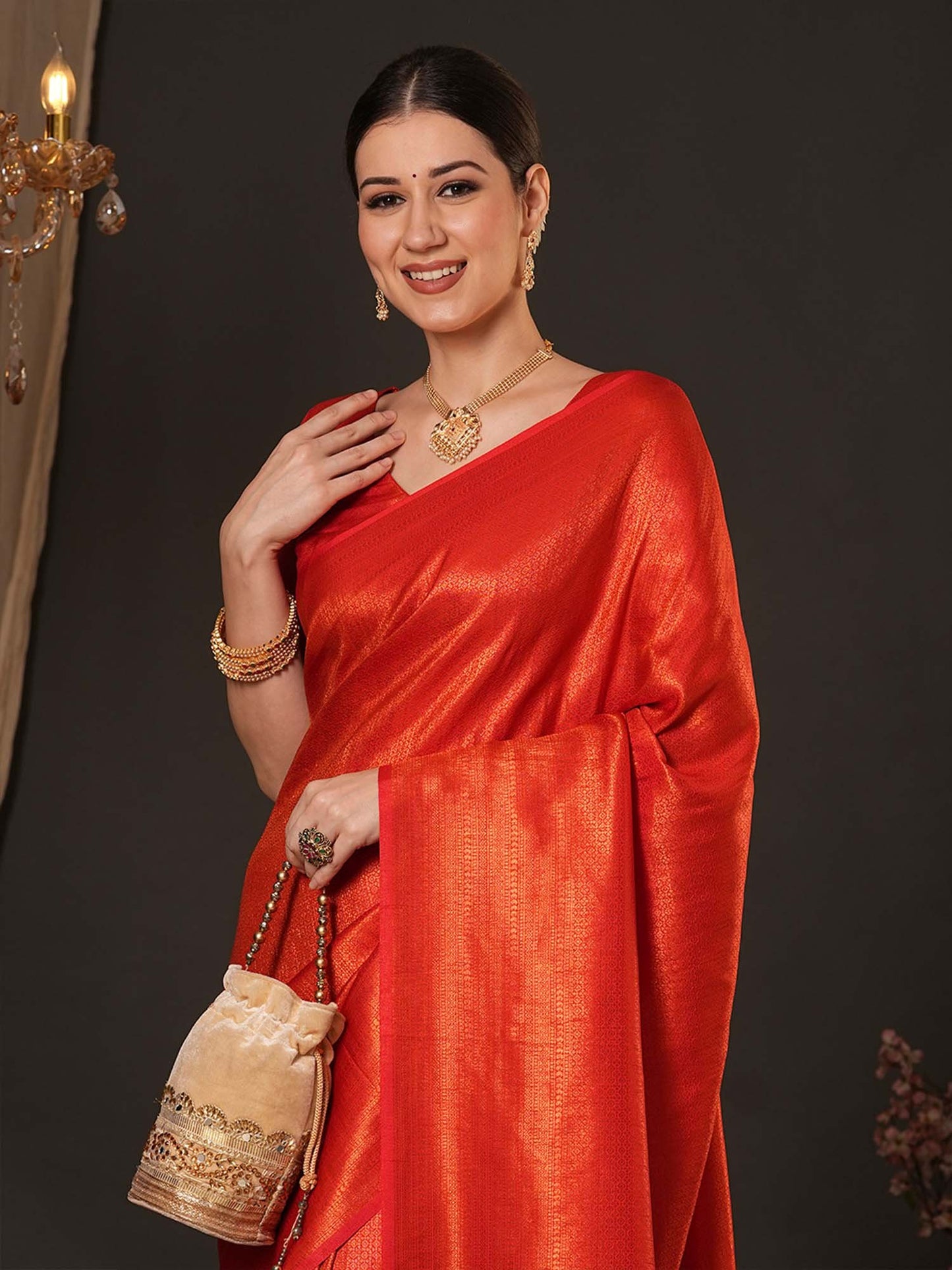 Orange Kanjeevaram Silk Blend Woven Saree