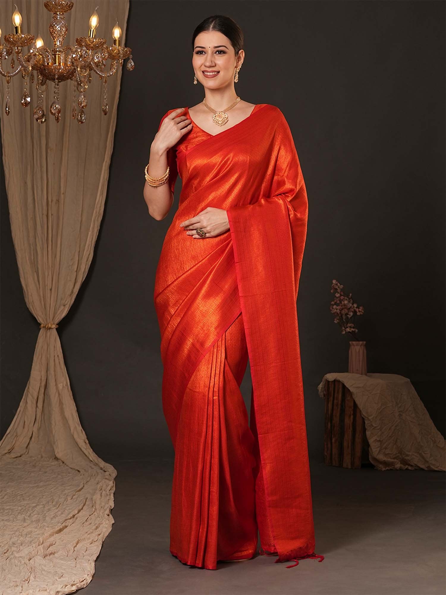 Orange Orange Kanjeevaram Silk Blend Woven Saree