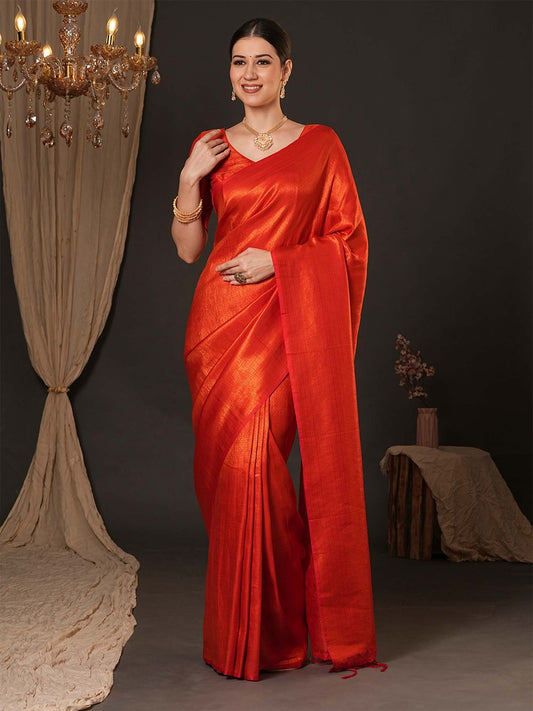 Orange Orange Kanjeevaram Silk Blend Woven Saree